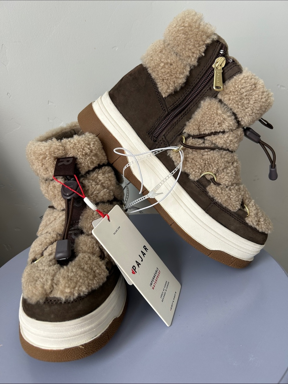 Pajar Women Dark Brown Taupe Janie Shearling-Trim Winter Boots Sz 7